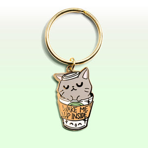 "Wake Me Up Inside" Coffee Cat Enamel Keychain  Flair Fighter