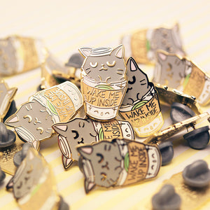 "Wake Me Up Inside" Coffee Cat Enamel Pin Brooches & Lapel Pins Flair Fighter