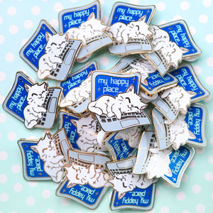 My Happy Place Laptop (Russian White Cat) Enamel Pin Brooches & Lapel Pins Flair Fighter
