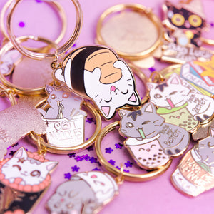 Upside Down Salmon Sushi Cat Enamel Keychain  Flair Fighter