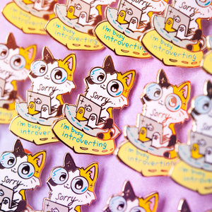 Sorry I'm Busy Introverting (Calico Cat) Enamel Pin Brooches & Lapel Pins Flair Fighter