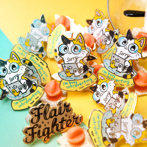 Sorry I'm Busy Introverting (Calico Cat) Enamel Pin Brooches & Lapel Pins Flair Fighter
