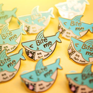 Bite Me "om nom nom" Shark Enamel Pin Brooches & Lapel Pins Flair Fighter