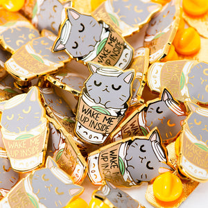"Wake Me Up Inside" Coffee Cat Enamel Pin Brooches & Lapel Pins Flair Fighter