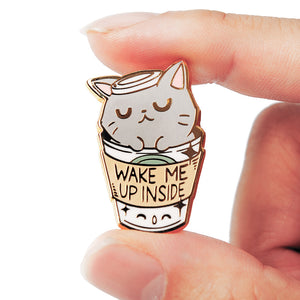 "Wake Me Up Inside" Coffee Cat Enamel Pin Brooches & Lapel Pins Flair Fighter   