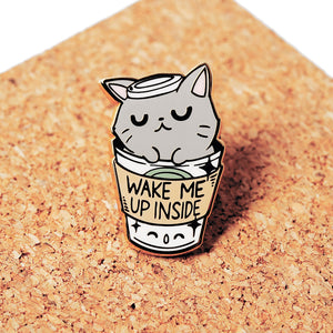 "Wake Me Up Inside" Coffee Cat Enamel Pin Brooches & Lapel Pins Flair Fighter   