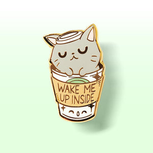 "Wake Me Up Inside" Coffee Cat Enamel Pin Brooches & Lapel Pins Flair Fighter