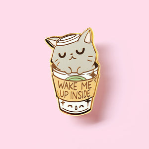 "Wake Me Up Inside" Coffee Cat Enamel Pin Brooches & Lapel Pins Flair Fighter   