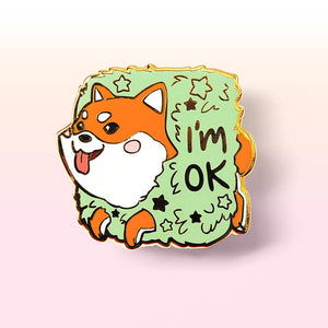 Red Shiba Inu Stuck in Bush "I'm OK" Enamel Pin Brooches & Lapel Pins Flair Fighter
