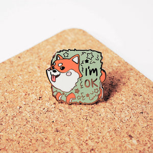Red Shiba Inu Stuck in Bush "I'm OK" Enamel Pin Brooches & Lapel Pins Flair Fighter