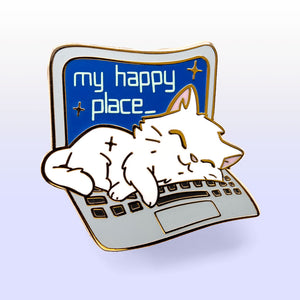 My Happy Place Laptop (Russian White Cat) Enamel Pin Brooches & Lapel Pins Flair Fighter