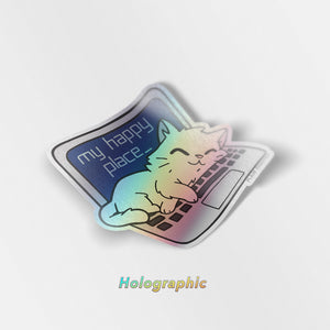 My Happy Place Laptop (Russian White Cat) Holographic Vinyl Sticker Decorative Stickers Flair Fighter