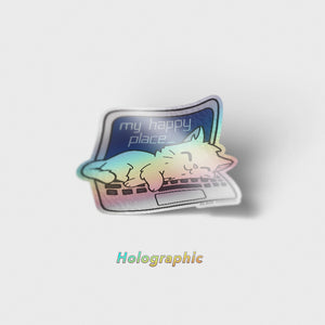 My Happy Place Laptop (Russian White Cat) Holographic Vinyl Sticker Decorative Stickers Flair Fighter