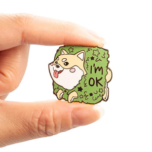 Cream Shiba Inu Stuck in Bush "I'm OK" Enamel Pin Brooches & Lapel Pins Flair Fighter