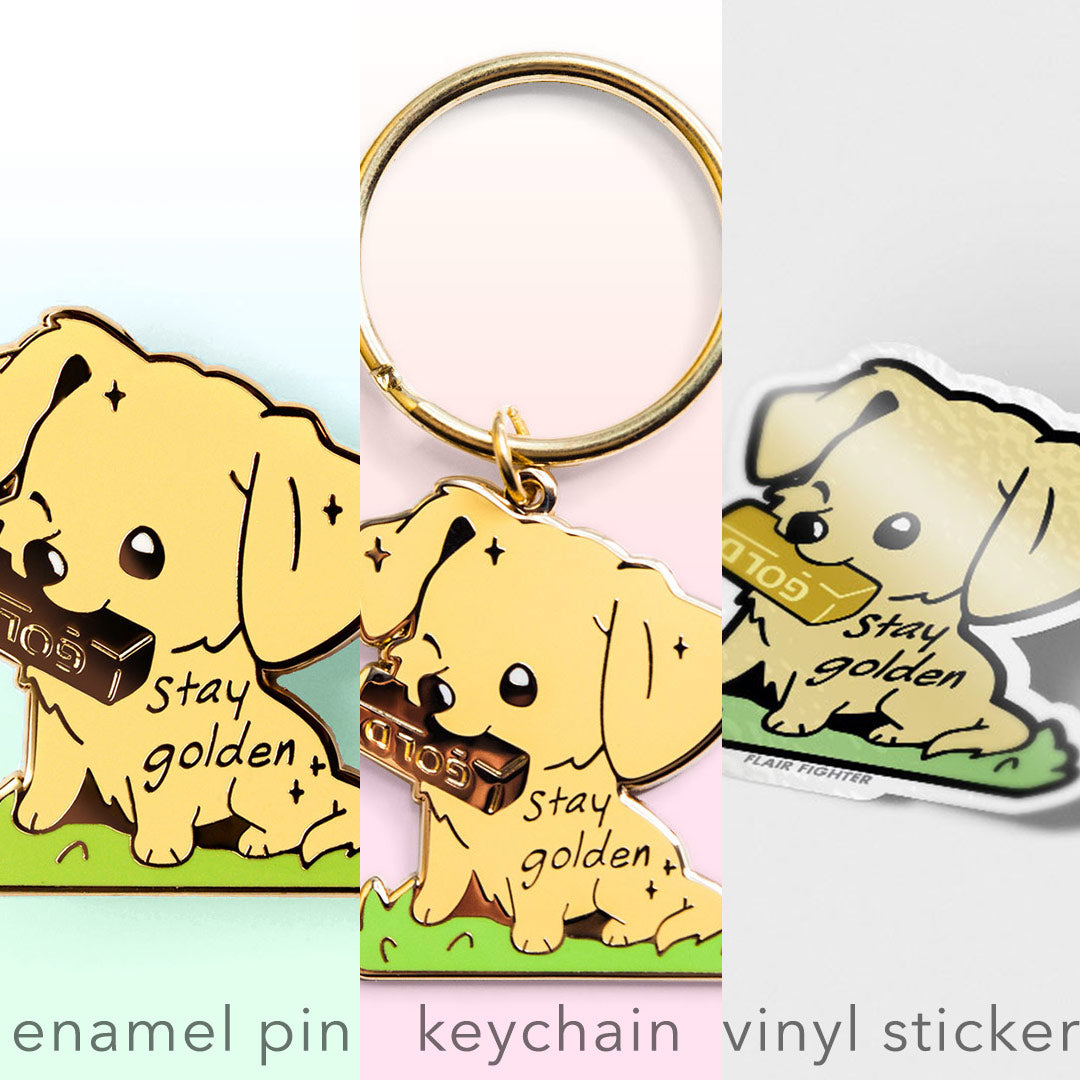 "Stay Golden" Golden Retriever Enamel Pin + Keychain + Vinyl Sticker BUNDLE [3 PCS] Brooches & Lapel Pins Flair Fighter   