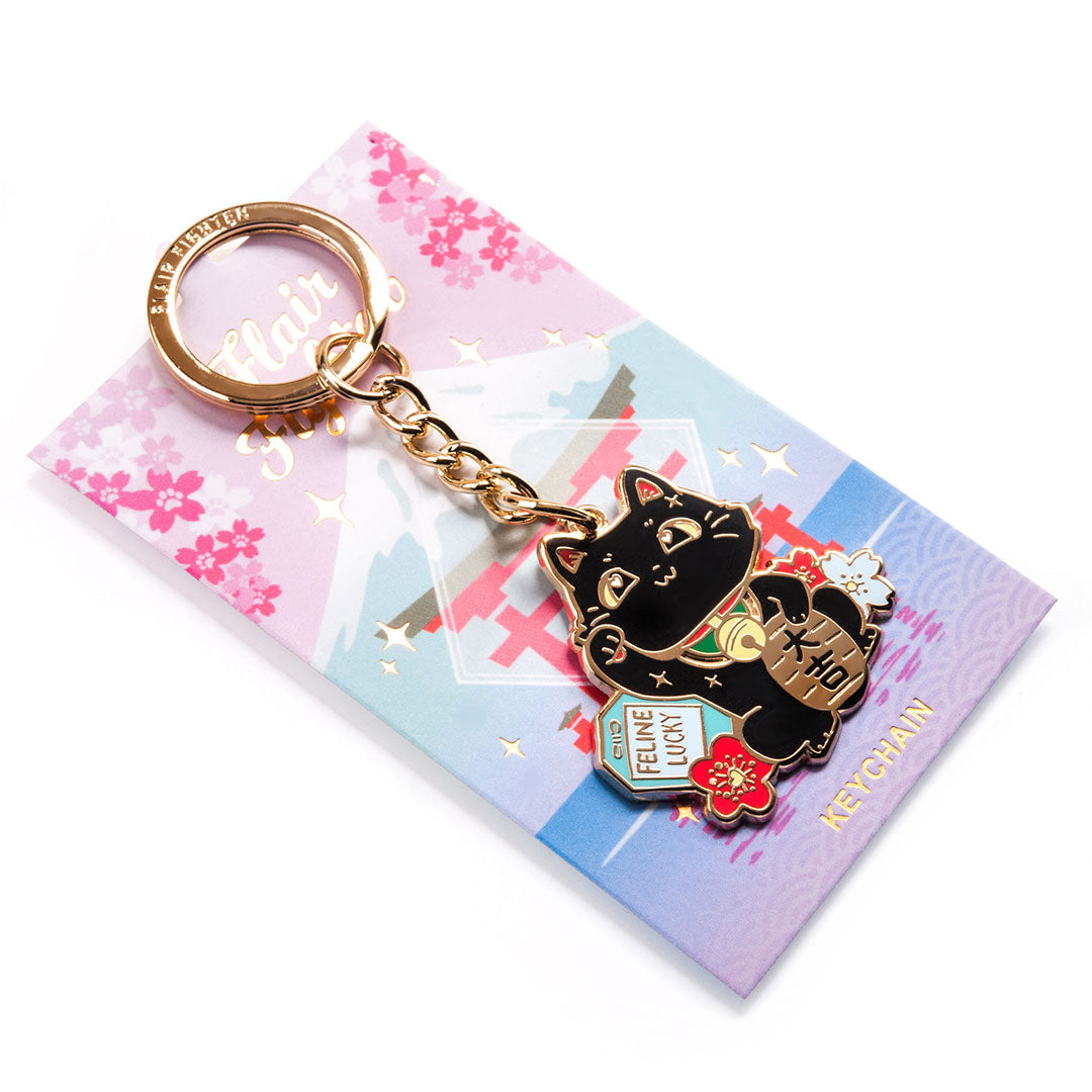 Lucky Cat (Black) Maneki-Neko Enamel Keychain Keychain Flair Fighter   
