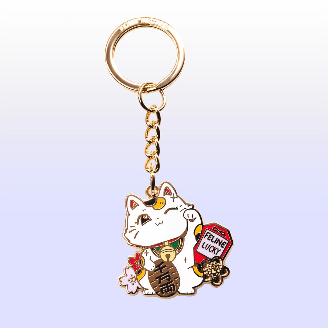 Lucky Cat (White) Maneki-Neko Enamel Keychain Keychain Flair Fighter   