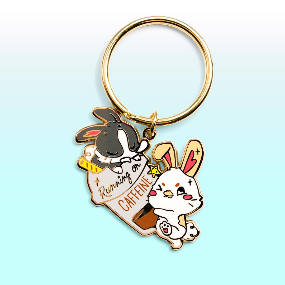 Running on Caffeine Bunnies Enamel Keychain  Flair Fighter   