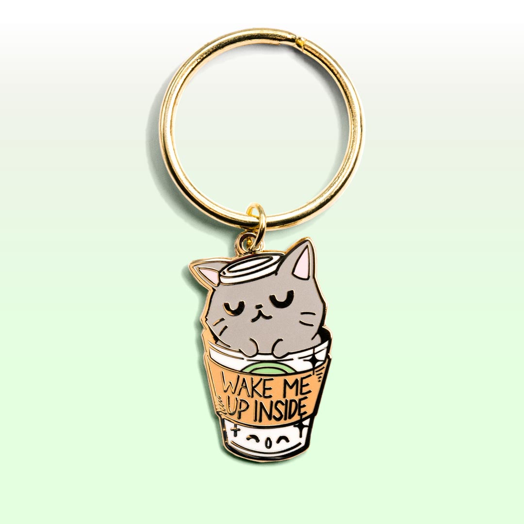"Wake Me Up Inside" Coffee Cat Enamel Keychain  Flair Fighter   