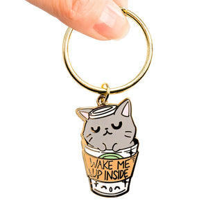 "Wake Me Up Inside" Coffee Cat Enamel Keychain  Flair Fighter   
