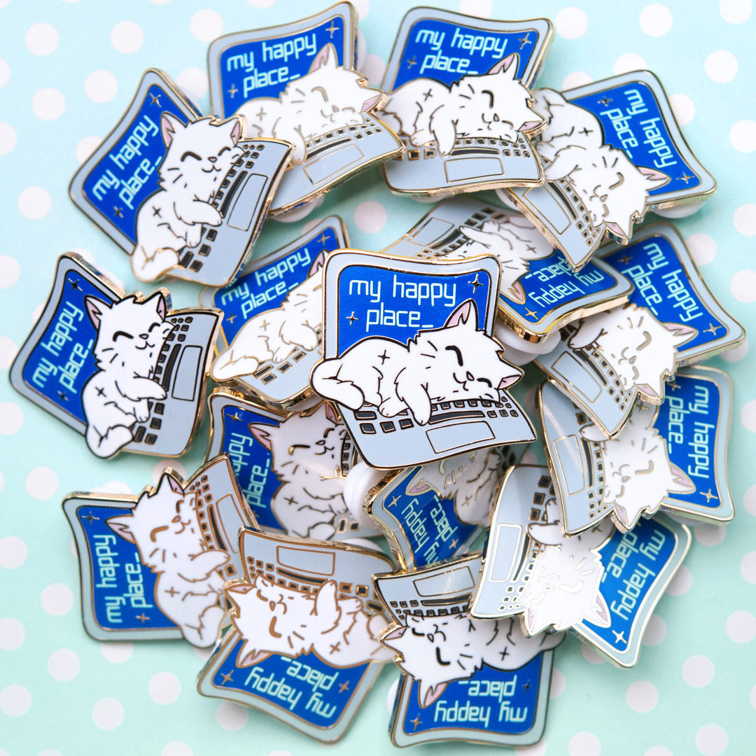 My Happy Place Laptop (Russian White Cat) Enamel Pin Brooches & Lapel Pins Flair Fighter   