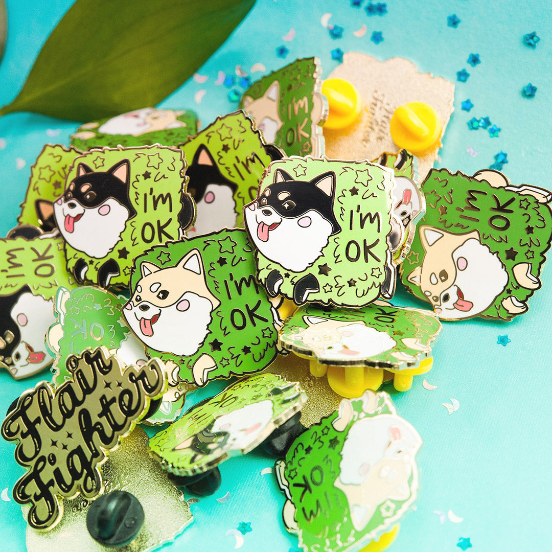 Cream Shiba Inu Stuck in Bush "I'm OK" Enamel Pin Brooches & Lapel Pins Flair Fighter   