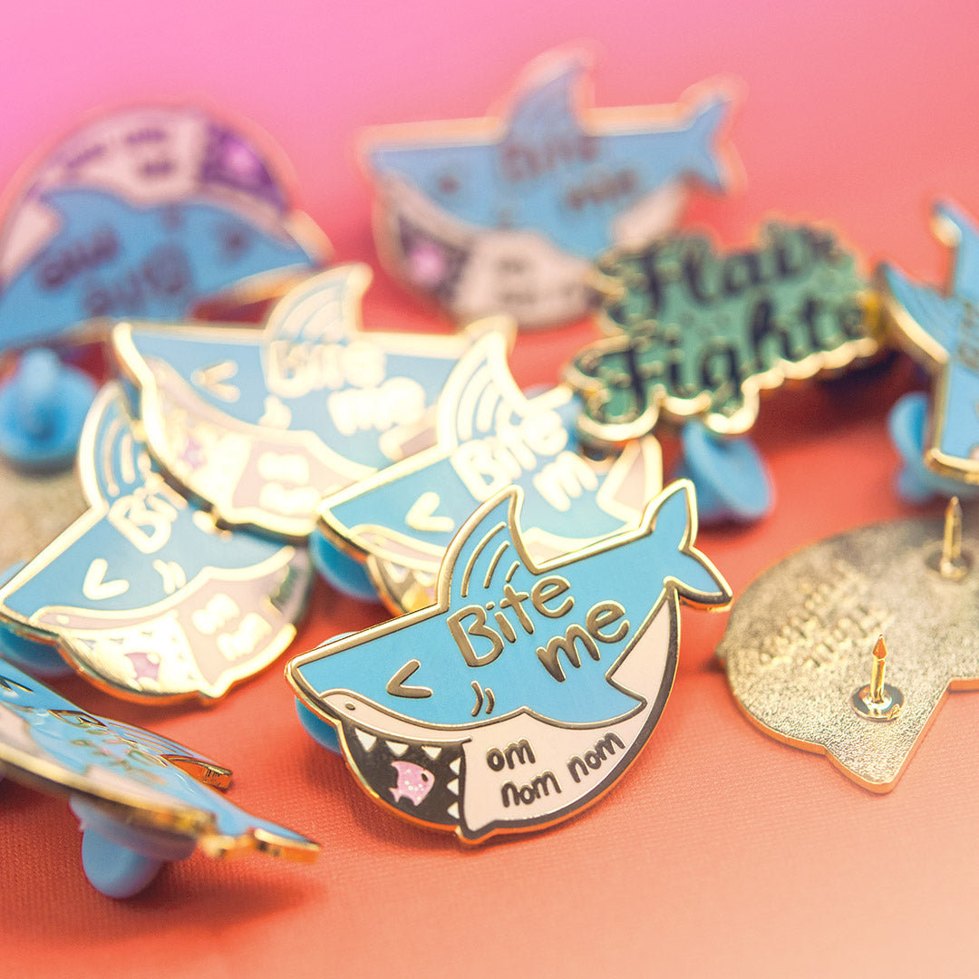 Bite Me "om nom nom" Shark Enamel Pin Brooches & Lapel Pins Flair Fighter   