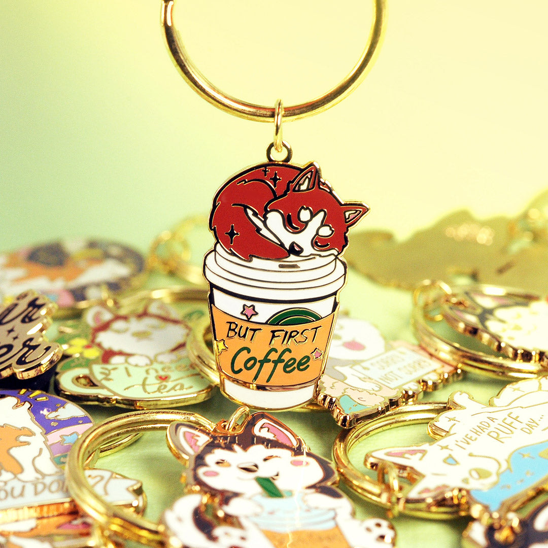 "But First Coffee" Husky Enamel Keychain  Flair Fighter   