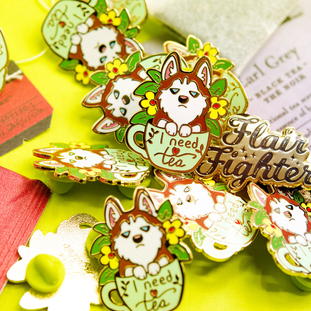 "I Need Tea" Husky Enamel Pin Brooches & Lapel Pins Flair Fighter   