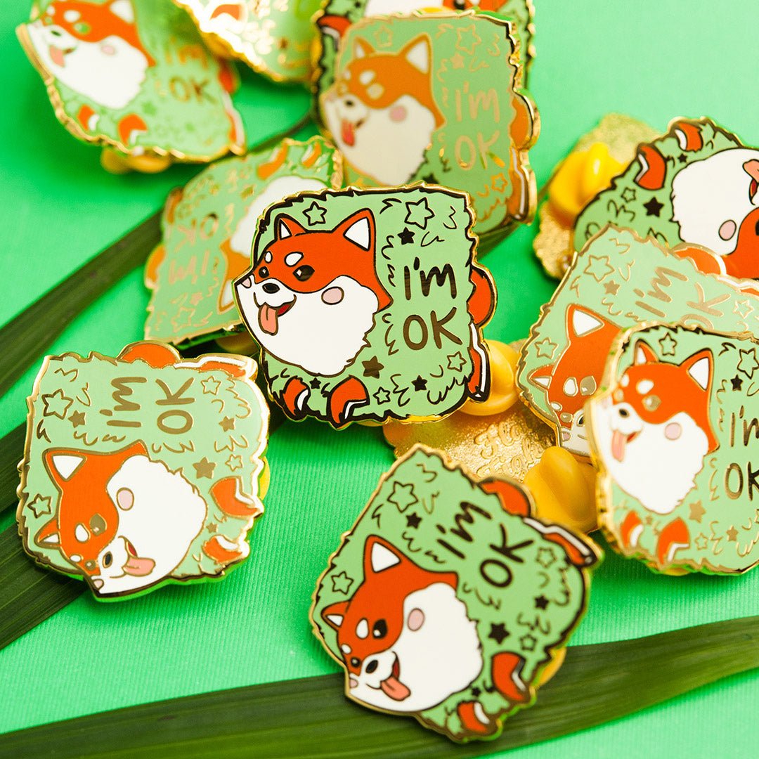 Red Shiba Inu Stuck in Bush "I'm OK" Enamel Pin Brooches & Lapel Pins Flair Fighter   