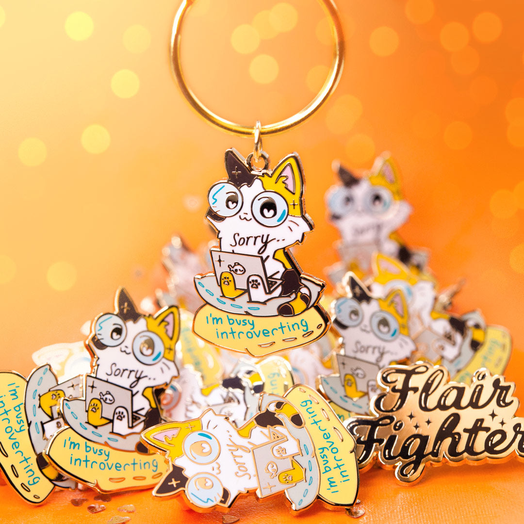 Sorry I'm Busy Introverting (Calico Cat) Keychain  Flair Fighter   