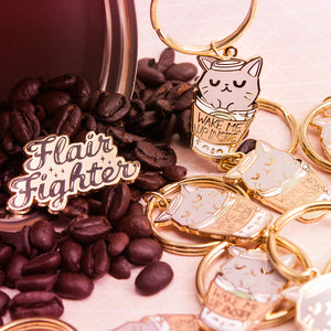 "Wake Me Up Inside" Coffee Cat Enamel Pin + Keychain + Vinyl Sticker BUNDLE [3 PCS] Brooches & Lapel Pins Flair Fighter   