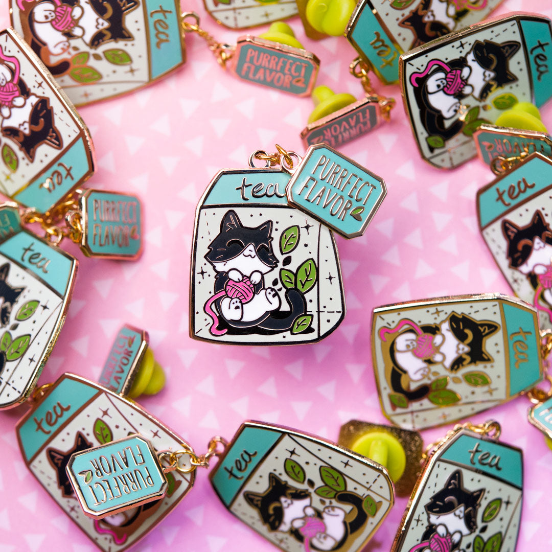 Purrfect Flavor Tea (Tuxedo Cat) Enamel Pin Brooches & Lapel Pins Flair Fighter   
