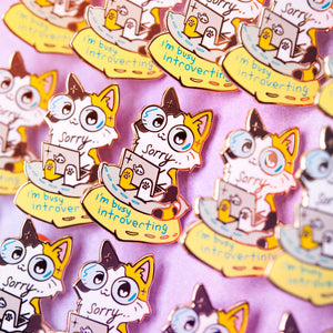 Sorry I'm Busy Introverting (Calico Cat) Enamel Pin + Keychain + Vinyl Sticker BUNDLE [3 PCS]  Flair Fighter   