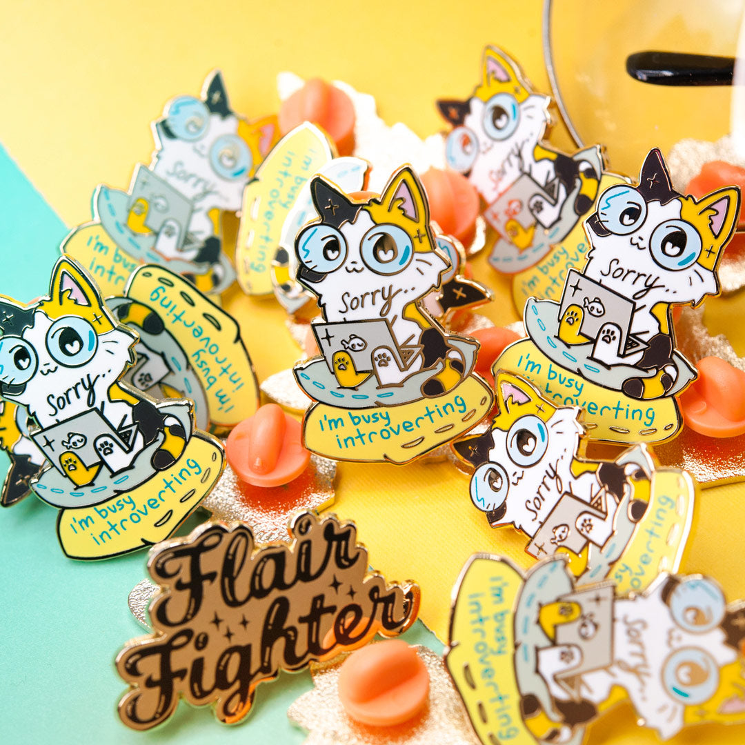 Sorry I'm Busy Introverting (Calico Cat) Enamel Pin Brooches & Lapel Pins Flair Fighter   
