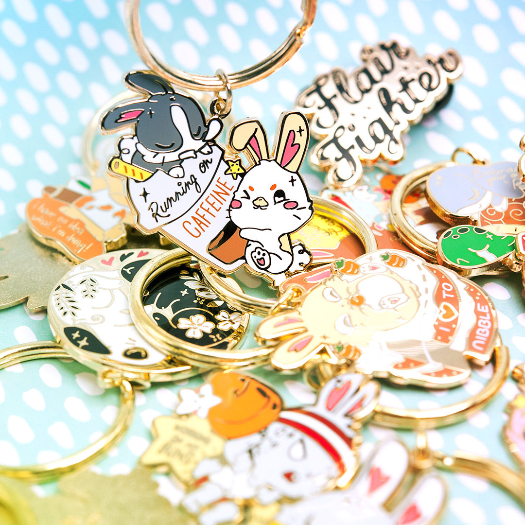 Running on Caffeine Bunnies Enamel Keychain  Flair Fighter   