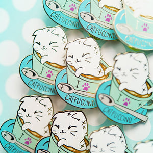 I Love Catpuccino Coffee Cat Enamel Pin + Keychain + Vinyl Sticker BUNDLE [3 PCS] Brooches & Lapel Pins Flair Fighter   