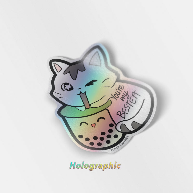 You're My Bestea Boba Cat Holographic Vinyl Sticker (Matcha Green Tea Special Edition) Decorative Stickers Flair Fighter   