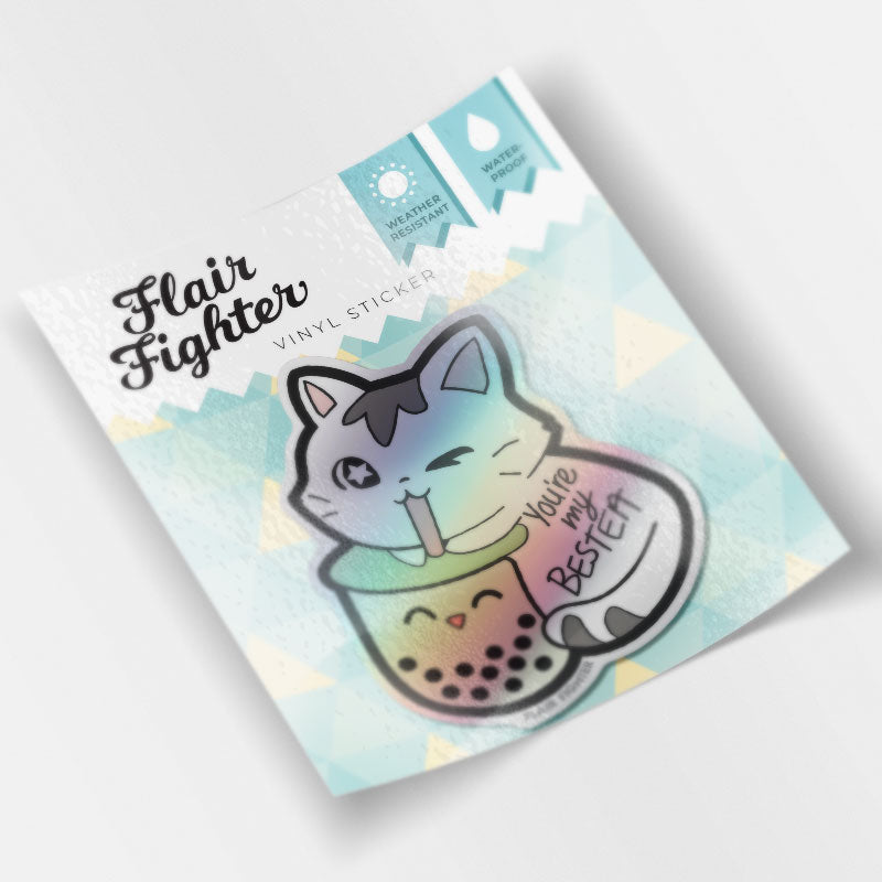 You're My Bestea Boba Cat Holographic Vinyl Sticker (Matcha Green Tea Special Edition) Decorative Stickers Flair Fighter   