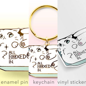 All Boxed In (Turkish Angora Cat) Enamel Pin + Keychain + Vinyl Sticker BUNDLE [3 PCS]  Flair Fighter   