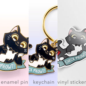 Check Meowt (Tuxedo Cat) Enamel Pin + Keychain + Vinyl Sticker BUNDLE [3 PCS]  Flair Fighter   