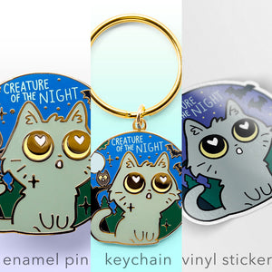 Creature Of The Night (Chartreux Cat) Enamel Pin + Keychain + Vinyl Sticker BUNDLE [3 PCS]  Flair Fighter   