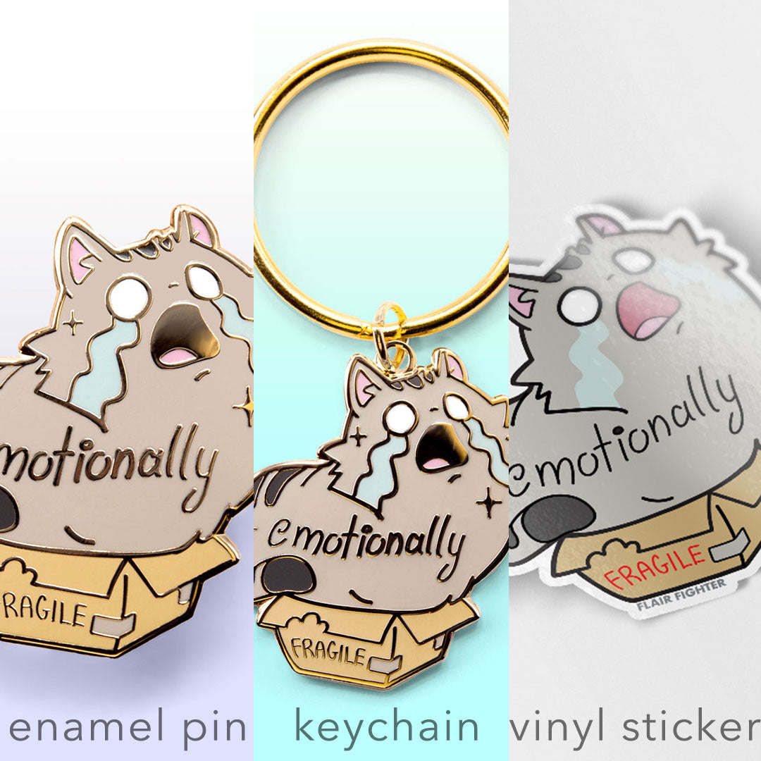 Emotionally Fragile (Maine Coon Cat) Enamel Pin + Keychain + Vinyl Sticker BUNDLE [3 PCS]  Flair Fighter   