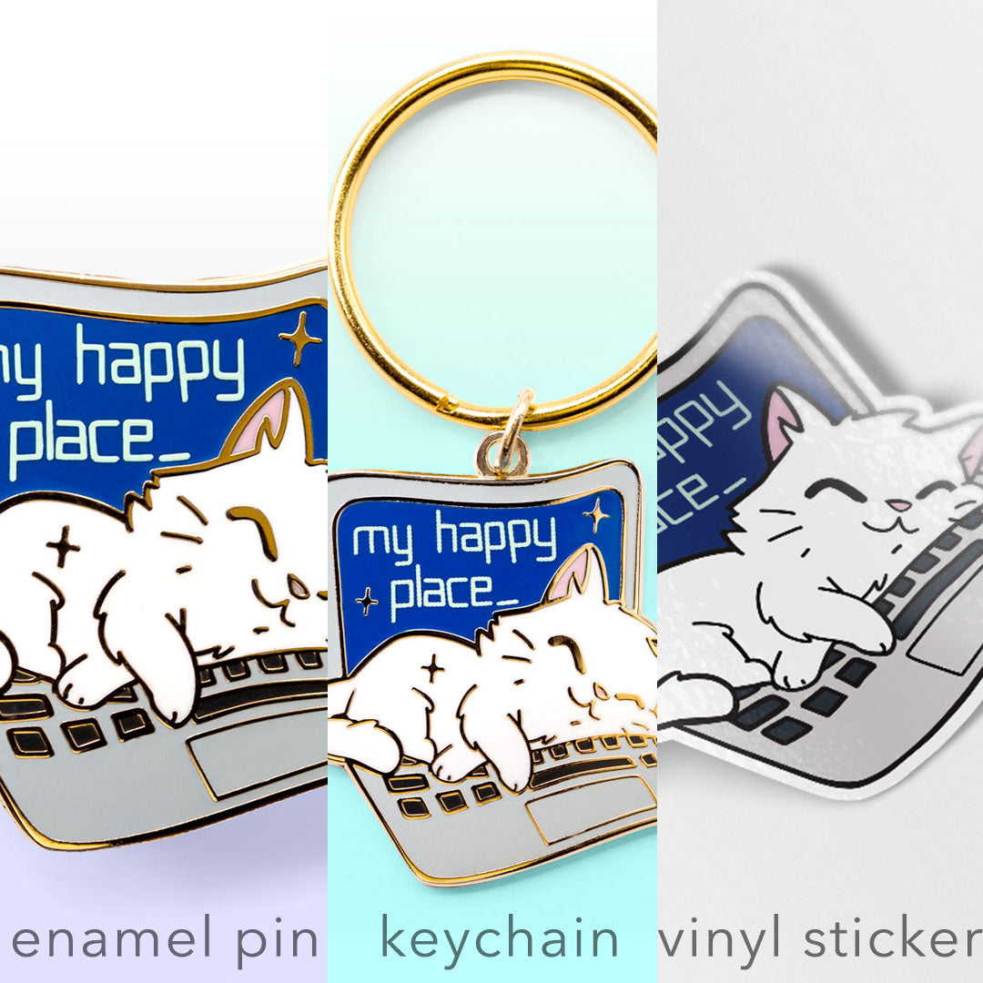 My Happy Place Laptop (Russian White Cat) Enamel Pin + Keychain + Vinyl Sticker BUNDLE [3 PCS]  Flair Fighter   