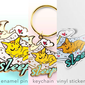 SLEEP (Somali Cat) Enamel Pin + Keychain + Vinyl Sticker BUNDLE [3 PCS]  Flair Fighter   