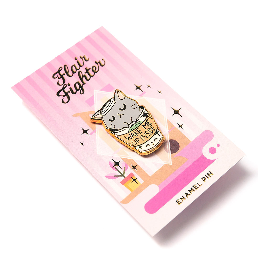 "Wake Me Up Inside" Coffee Cat Enamel Pin Brooches & Lapel Pins Flair Fighter   