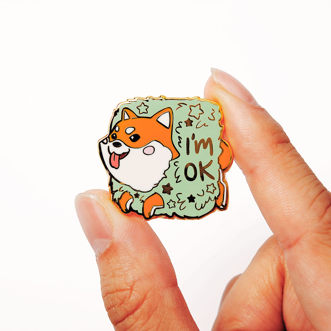 Red Shiba Inu Stuck in Bush "I'm OK" Enamel Pin Brooches & Lapel Pins Flair Fighter   