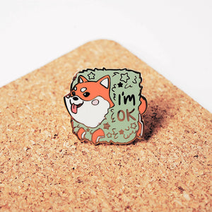 Red Shiba Inu Stuck in Bush "I'm OK" Enamel Pin Brooches & Lapel Pins Flair Fighter   