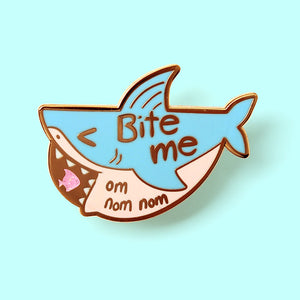 Bite Me "om nom nom" Shark Enamel Pin Brooches & Lapel Pins Flair Fighter   