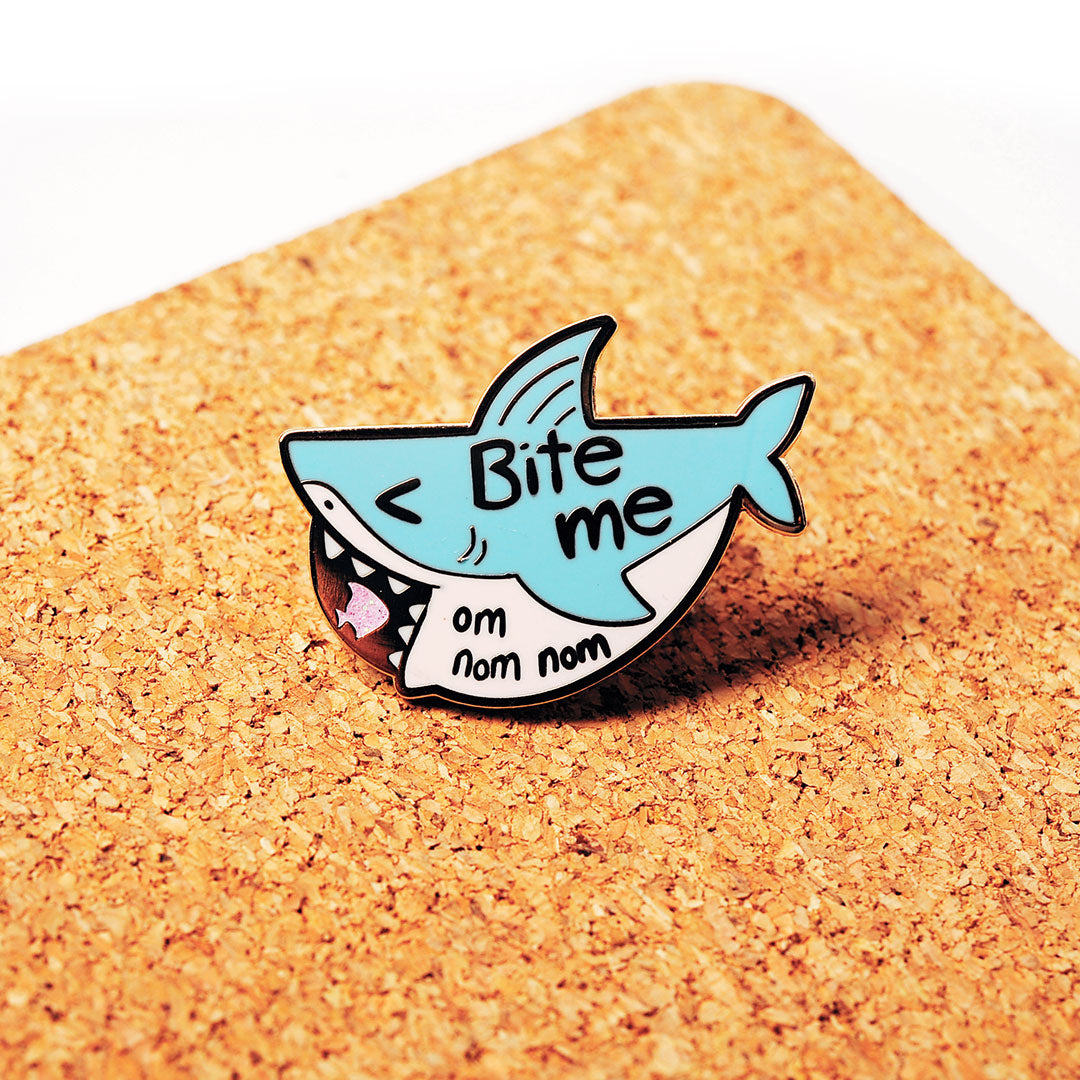 Bite Me "om nom nom" Shark Enamel Pin Brooches & Lapel Pins Flair Fighter   